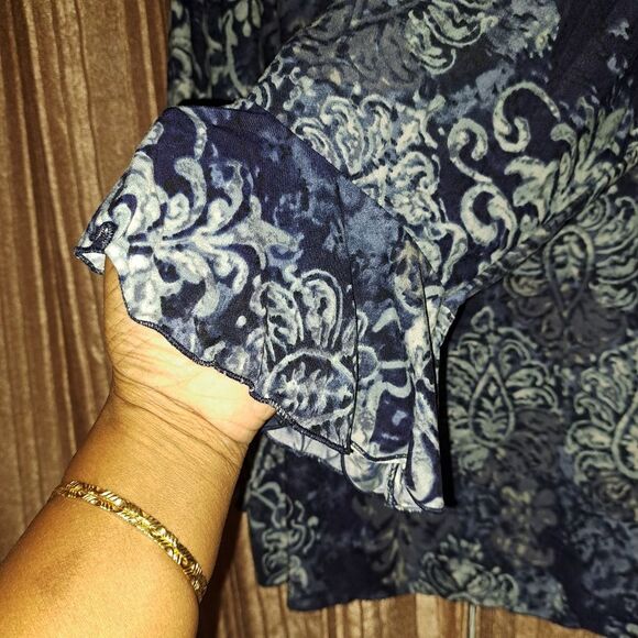 BIYAYCDA‎ Vintage Long Sleeve Blouse Blue Black Statement V-neck Top Size 1X - Picture 6 of 6